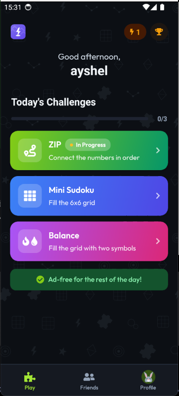 QuickPuzzl home screen